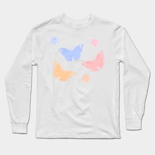 Pink Blue Yellow Monarch Butterfly Flowers Pattern Set Long Sleeve T-Shirt